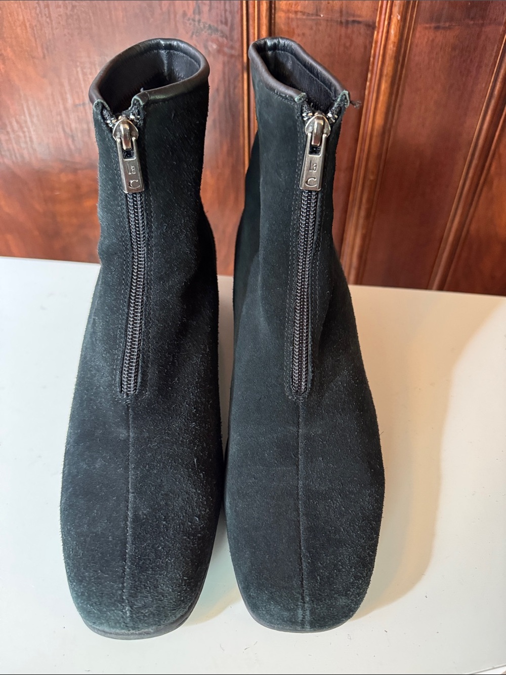 La CANADIENNE Black Suede Center-Zip Square-Toe Ankle Booties